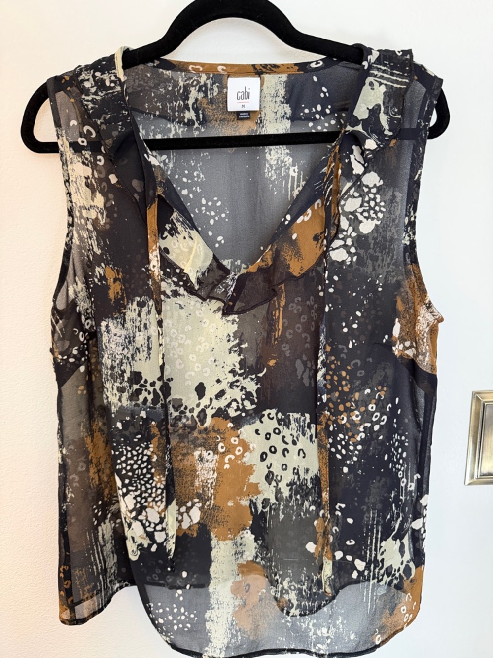 CAbi Sleeveless Printed V-Neck Camisole in Black, Brown & Cream